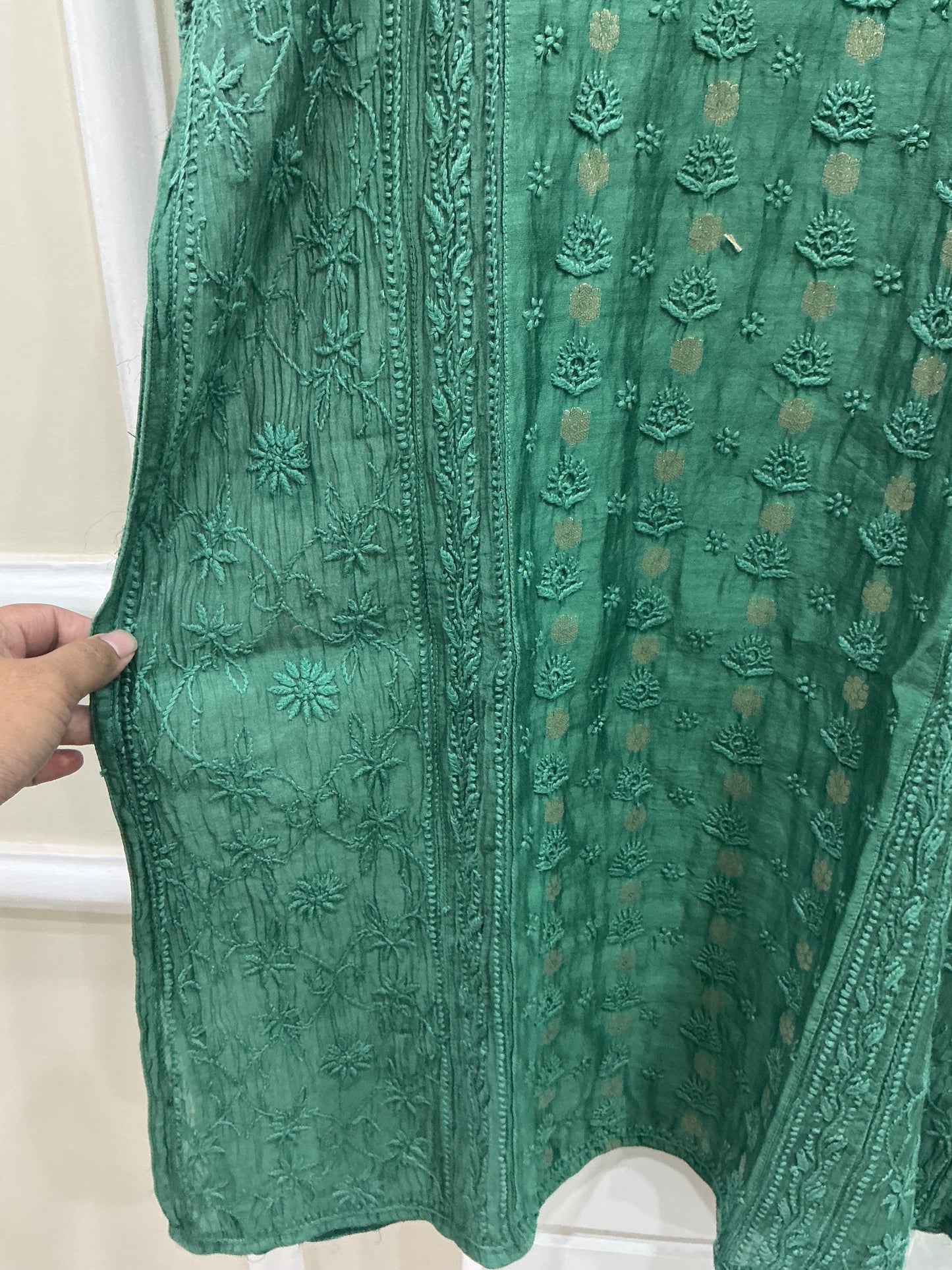 Designer chikankari kurti with Banarasi fabric in centre