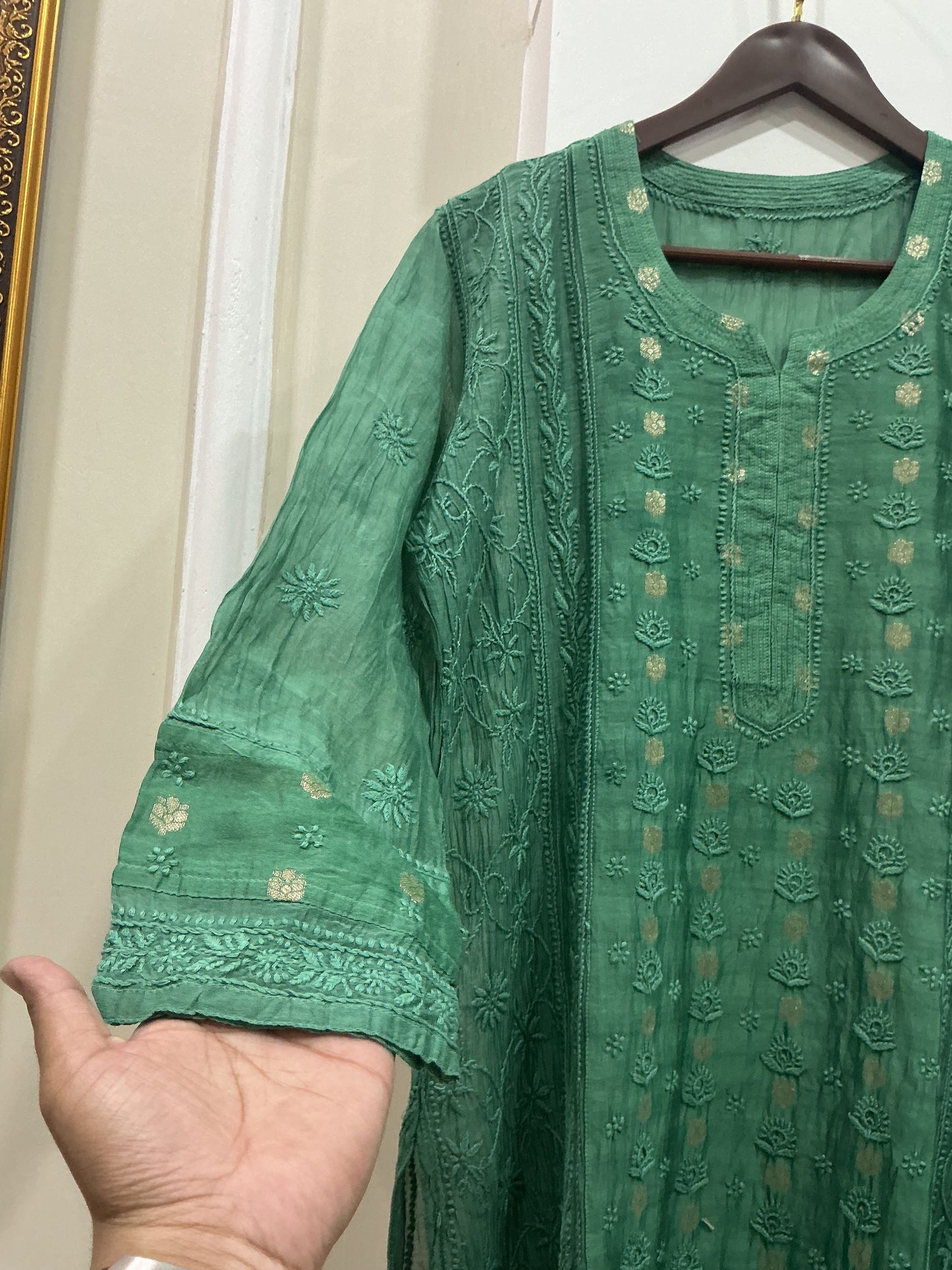 Designer chikankari kurti with Banarasi fabric in centre