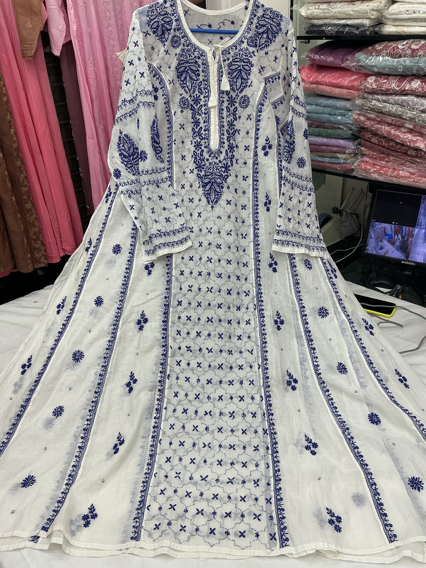 Chikankari Anarkali with dupatta, pearl work on it