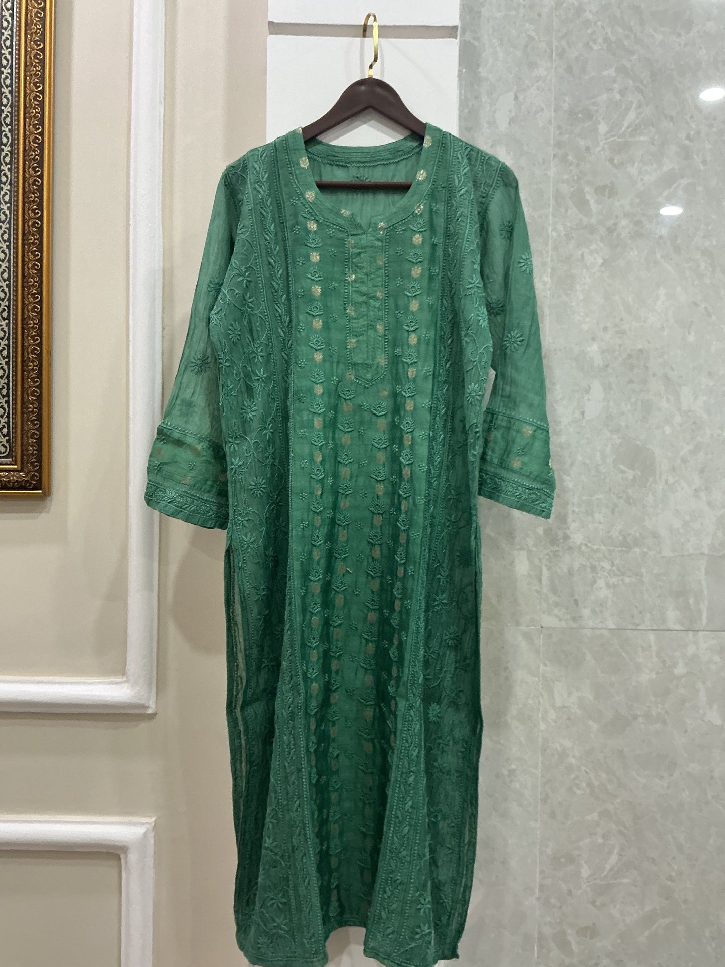Designer chikankari kurti with Banarasi fabric in centre