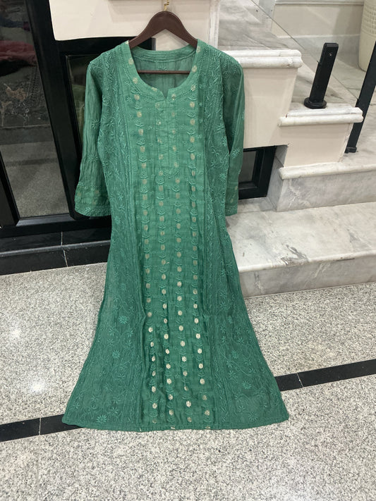 Designer chikankari kurti with Banarasi fabric in centre